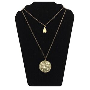 Gold Tone Double Layer Pavé Rhinestone Disc & Teardrop Charm Necklace Costume